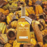 Bottle image of Novo Fogo Organic Aged Cachaca over a rustic yellow background image. 