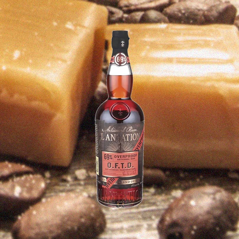 Bottle of Plantation Overproof O.F.T.D. Rum over background image of caramels.