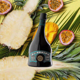 R.L. Seale’s Finest Barbados 12 Year Rum over background image of pineapples and salsa.