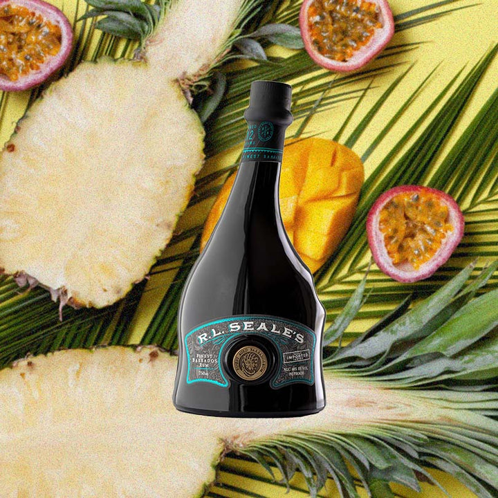 R.L. Seale’s Finest Barbados 12 Year Rum over background image of pineapples and salsa.