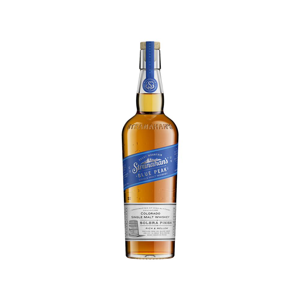 Bottle of Stranahan’s Blue Peak Colorado Single Malt Whiskey.