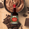 Bottle of Tempus Fugit Crème De Cacao over background image of chocolate.