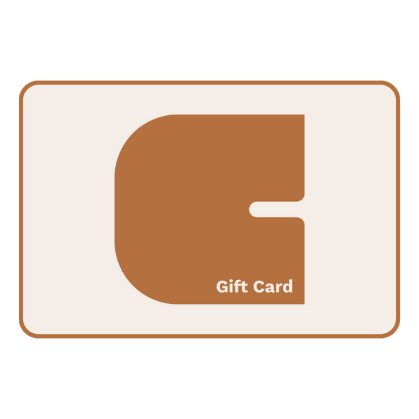 A gift card with a brown and white color scheme, featuring a large letter 'G' and the text 'Gift Card'.