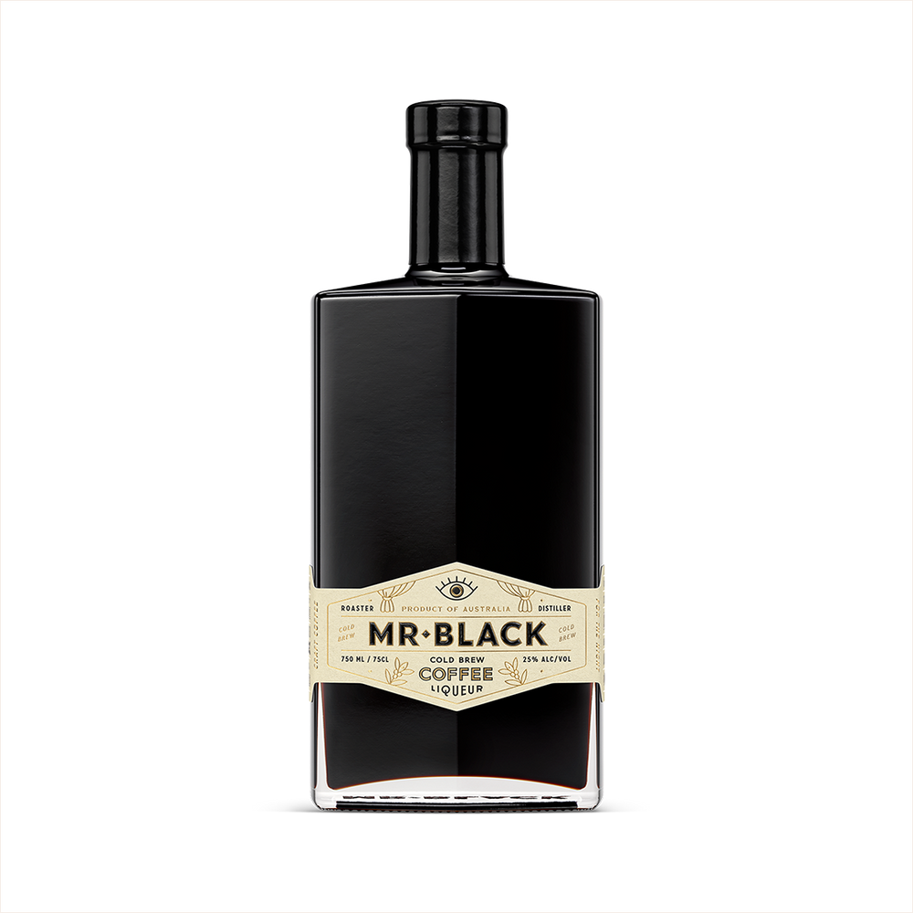 Bottle image of Mr Black Cold Brew Coffee Liqueur.  The 750ml bottle is rectangular with a rounded stem.