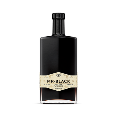 Bottle image of Mr Black Cold Brew Coffee Liqueur.  The 750ml bottle is rectangular with a rounded stem.