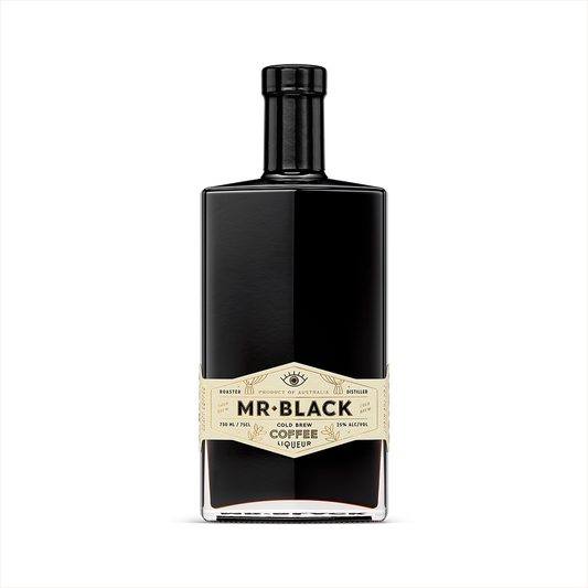 Bottle image of Mr Black Cold Brew Coffee Liqueur.  The 750ml bottle is rectangular with a rounded stem.