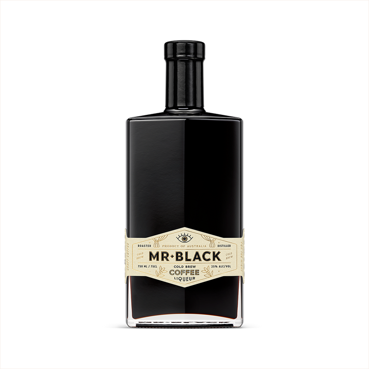 Bottle image of Mr Black Cold Brew Coffee Liqueur.  The 750ml bottle is rectangular with a rounded stem.