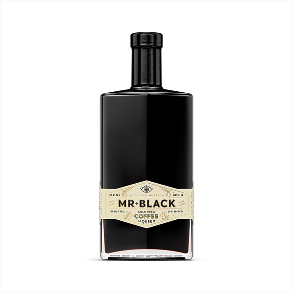 Bottle image of Mr Black Cold Brew Coffee Liqueur.  The 750ml bottle is rectangular with a rounded stem.