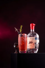 Bottle of The Lost Explorer Espadín Mezcal on a table next to a red cocktail.